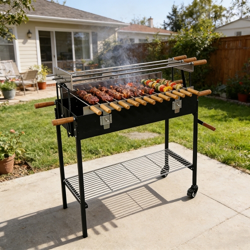 Black electric grilled skewers with rotating Cyprus style charcoal grill