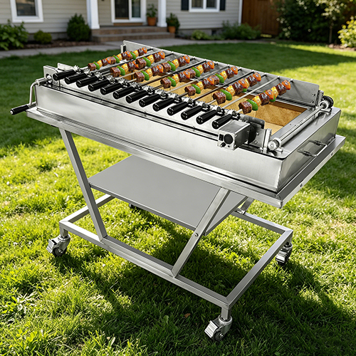 stainless steel Cyprus-style rotisserie BBQ grill with an automatic chain-driven skewer system