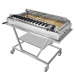 stainless steel Cyprus-style rotisserie BBQ grill with an automatic chain-driven skewer system
