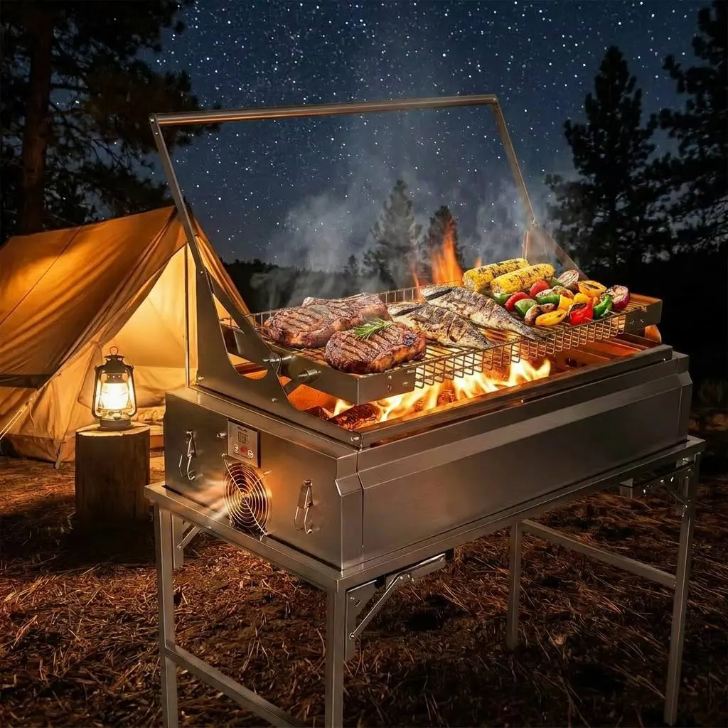 Commercial Stainless Steel Charcoal Grill with 360° Rotating Basket & Electric Blower, Foldable Stand Dual-Purpose BBQ Rotisserie Grill for Camping Backyard Catering