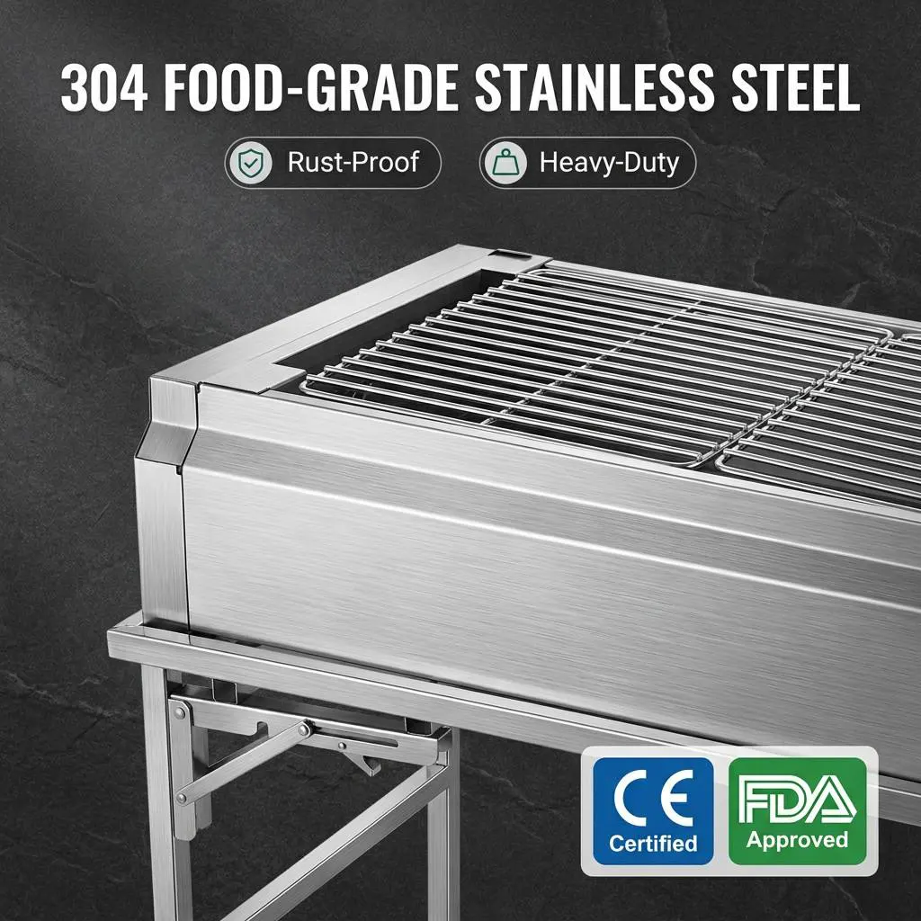 Commercial Stainless Steel Charcoal Grill with 360° Rotating Basket & Electric Blower, Foldable Stand Dual-Purpose BBQ Rotisserie Grill for Camping Backyard Catering