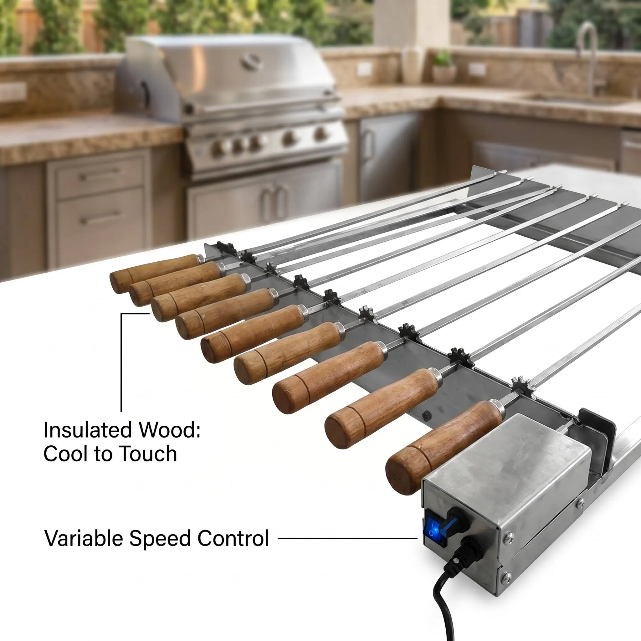 14-Skewer Automatic Rotating Grill Rack: Heavy-Duty Integrated Stainless Steel, Wood-Insulated Handles, & Variable Speed Motor for Commercial & Residential BBQ