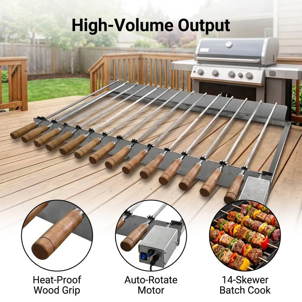 14-Skewer Automatic Rotating Grill Rack: Heavy-Duty Integrated Stainless Steel, Wood-Insulated Handles, & Variable Speed Motor for Commercial & Residential BBQ