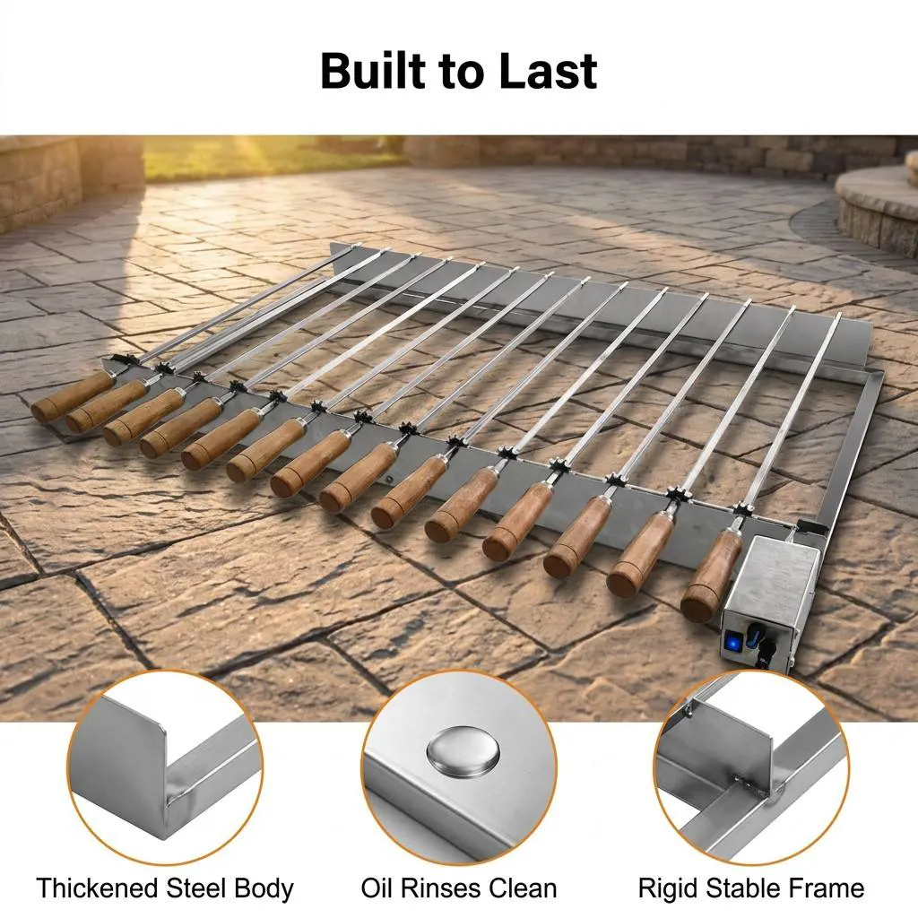 14-Skewer Automatic Rotating Grill Rack: Heavy-Duty Integrated Stainless Steel, Wood-Insulated Handles, & Variable Speed Motor for Commercial & Residential BBQ