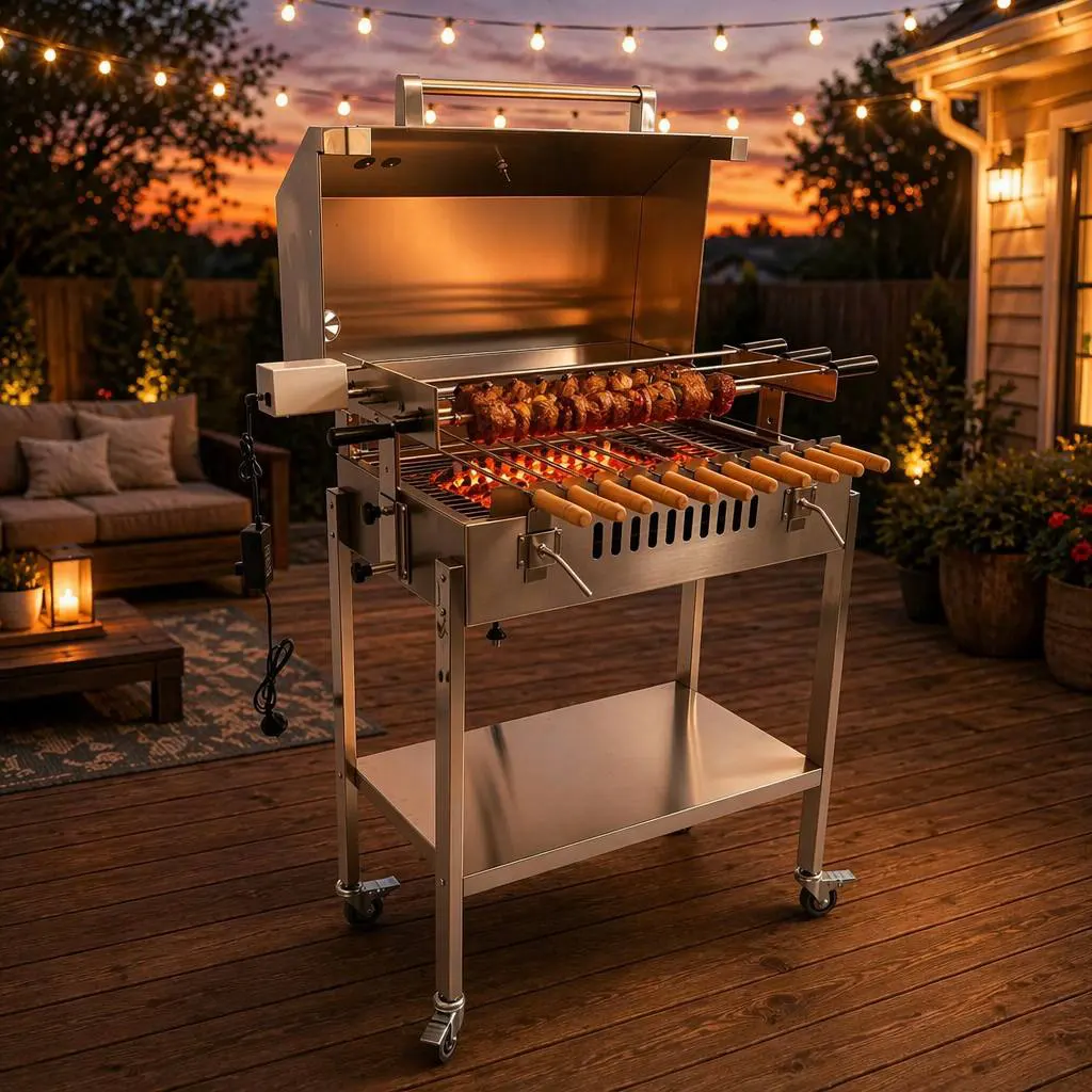 Portable kebab charcoal grills rotating bbq skewer cyprus grill rotisserie with lid