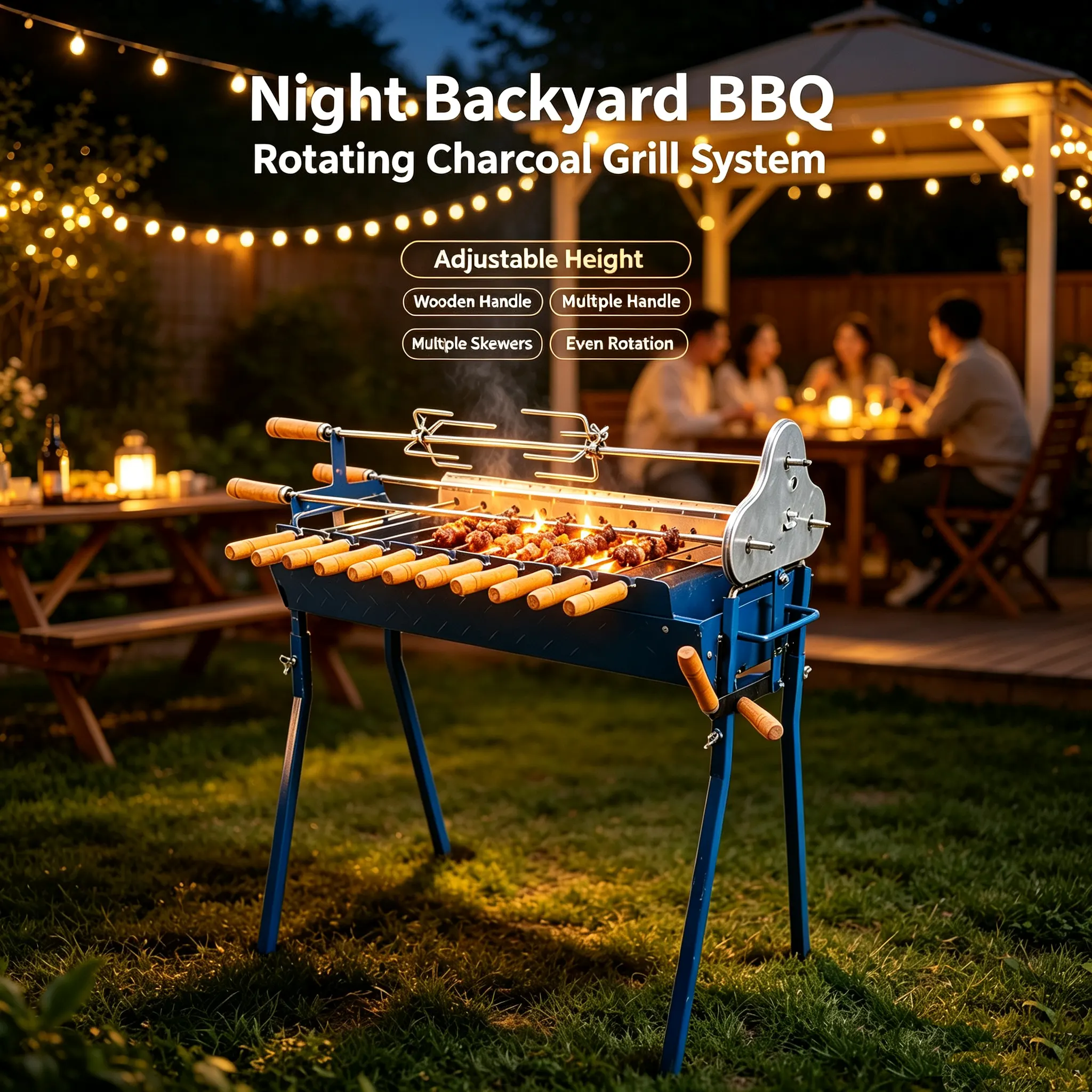 Cyprus Style Foukou Electric Rotisserie Charcoal Grill: Height-Adjustable Lift & 14-Skewer Kebab + Souvla Configuration