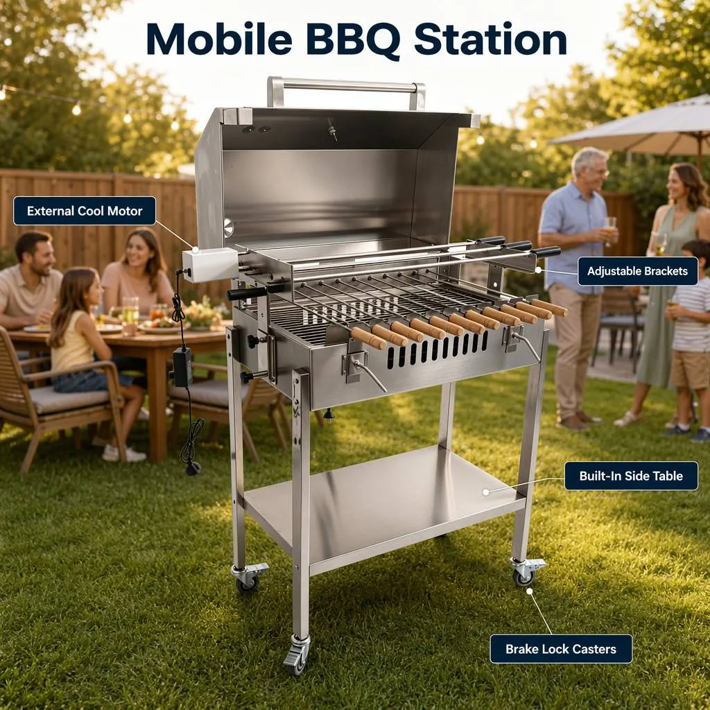 Portable kebab charcoal grills rotating bbq skewer cyprus grill rotisserie with lid