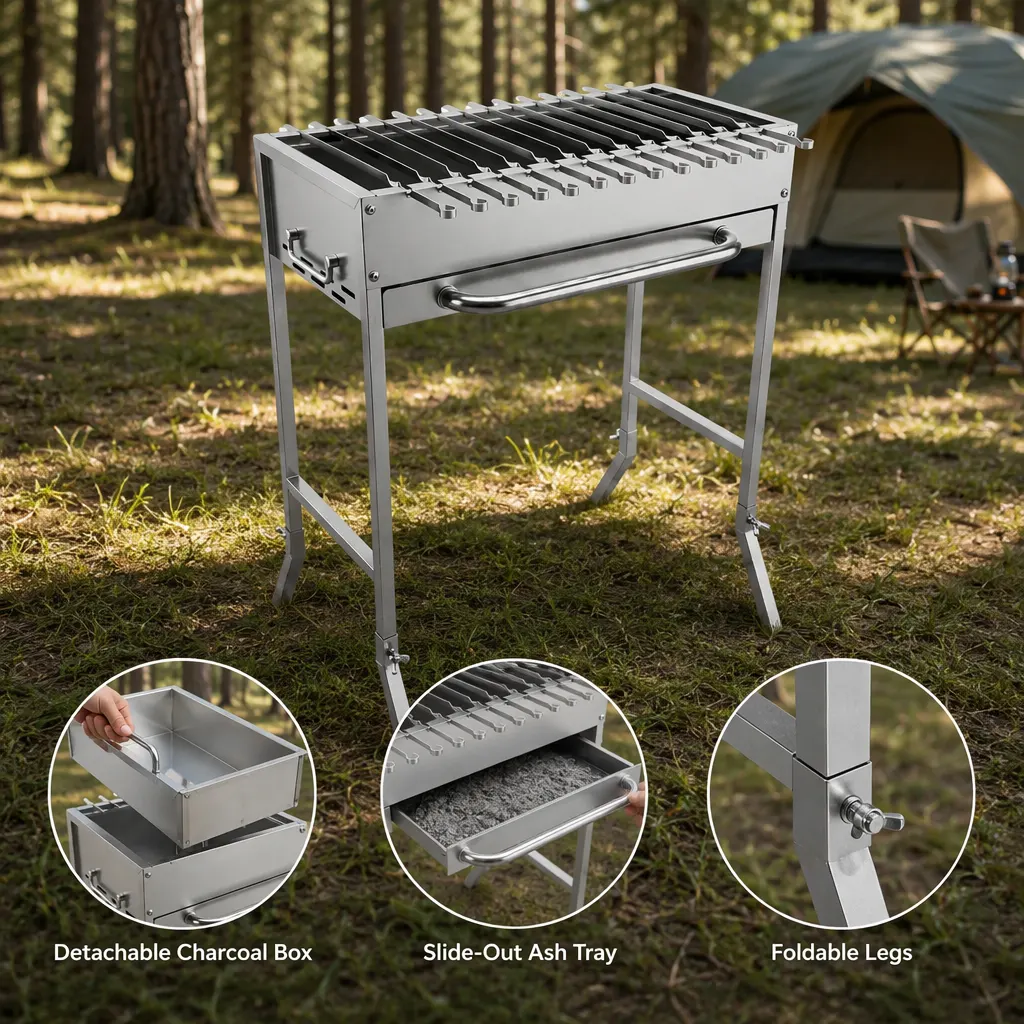 Professional 14-Skewer Portable Stainless Steel Charcoal Grill: High-Capacity Cooking for Outdoor Enthusiasts
