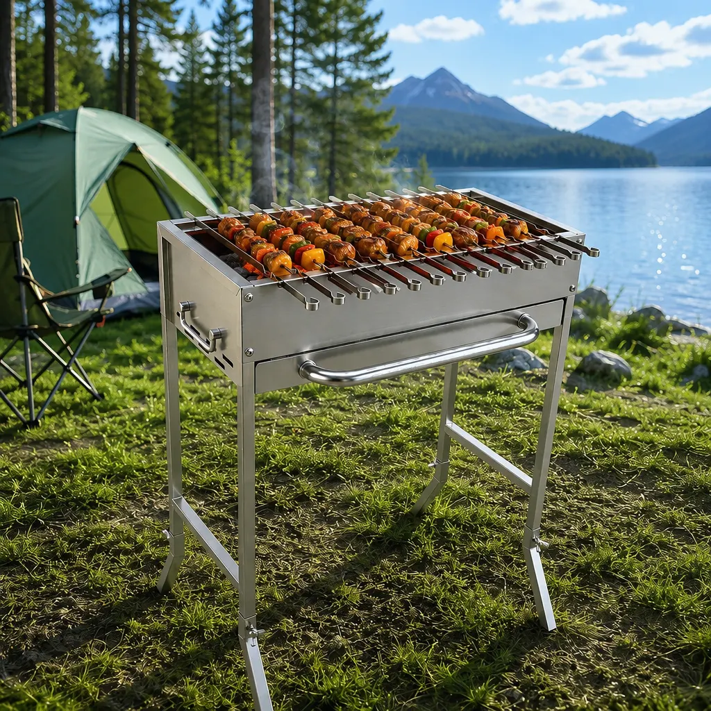 Professional 14-Skewer Portable Stainless Steel Charcoal Grill: High-Capacity Cooking for Outdoor Enthusiasts