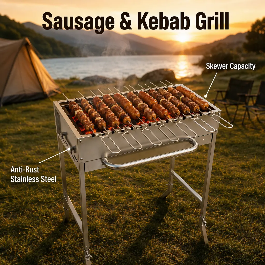 Compact 7-Skewer U-Shaped Stainless Steel Charcoal Grill: Anti-Spin Precision for the Discerning Outdoor Cook