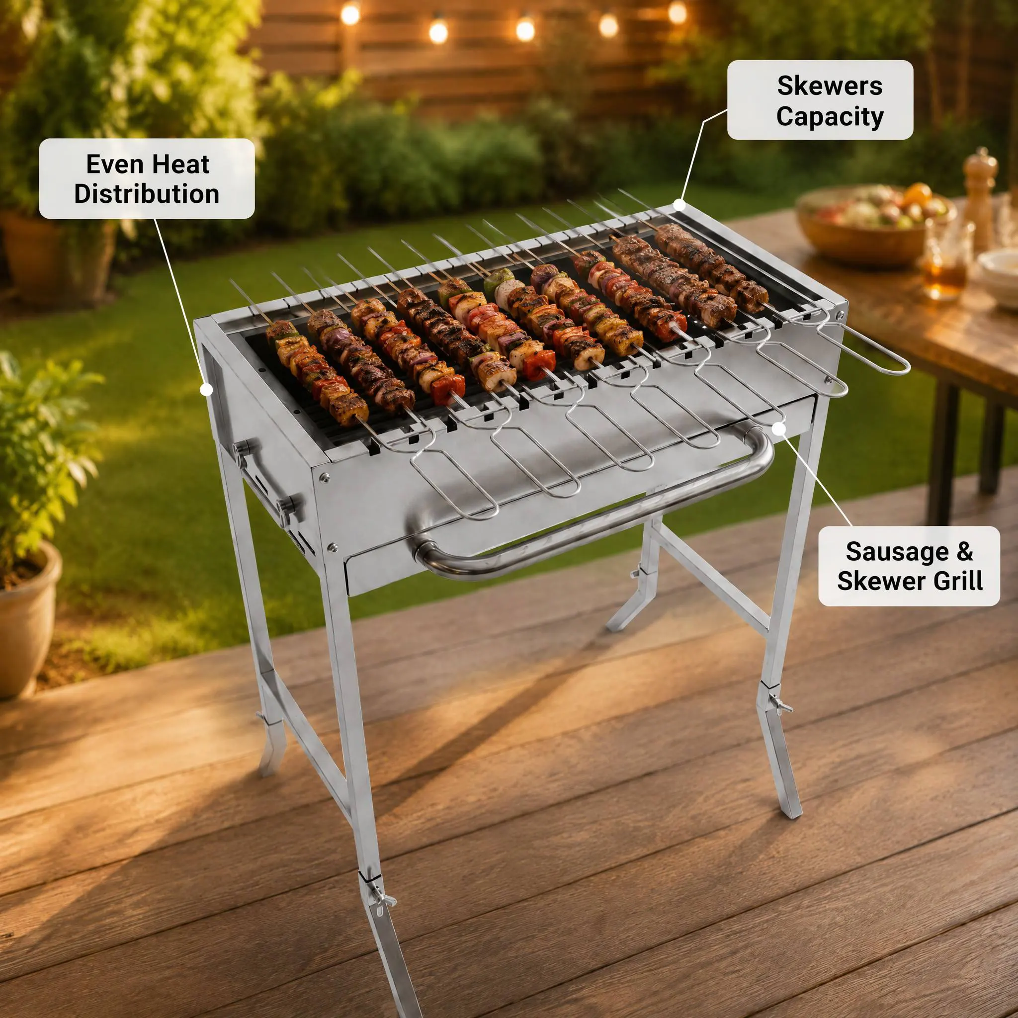 Compact 7-Skewer U-Shaped Stainless Steel Charcoal Grill: Anti-Spin Precision for the Discerning Outdoor Cook