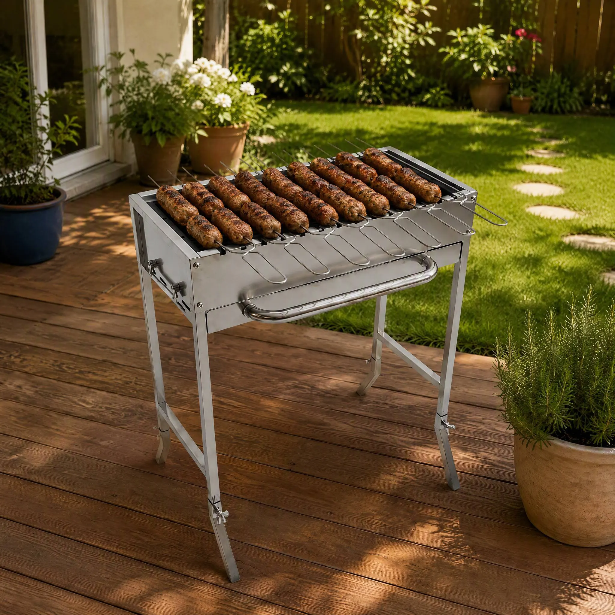 Compact 7-Skewer U-Shaped Stainless Steel Charcoal Grill: Anti-Spin Precision for the Discerning Outdoor Cook