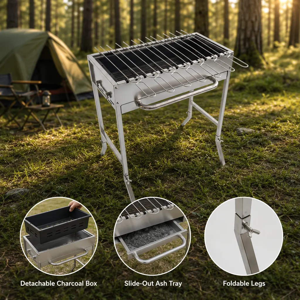 Compact 7-Skewer U-Shaped Stainless Steel Charcoal Grill: Anti-Spin Precision for the Discerning Outdoor Cook