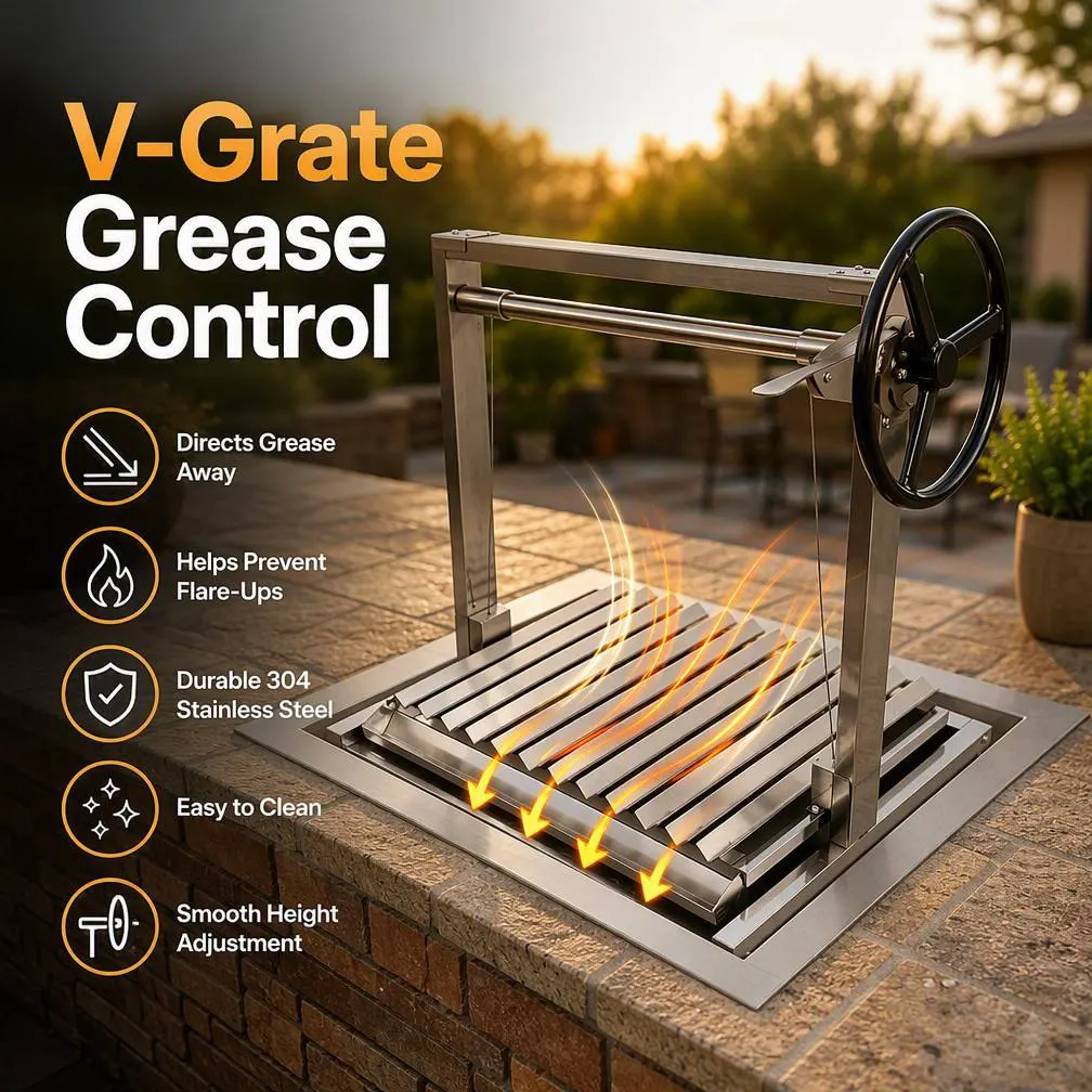 Santa Maria Style Stainless Steel Height-Adjustable Grill Insert: Professional Flame Control for Built-In Outdoor Kitchens
