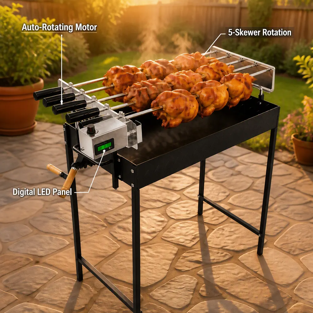 5-Skewer Electric Rotisserie BBQ Grill: Hands-Free 360° Rotation with Smart Digital Control