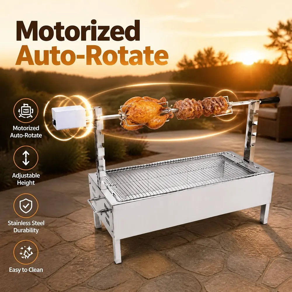 2-in-1 Electric Rotisserie Charcoal Grill: Motorized Spit Meets Traditional Wood-Fire Grilling