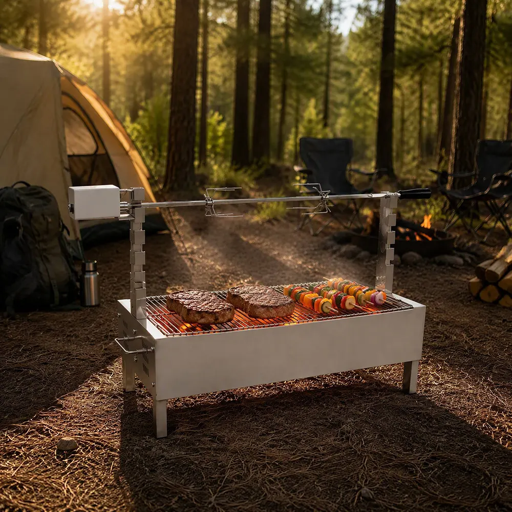 2-in-1 Electric Rotisserie Charcoal Grill: Motorized Spit Meets Traditional Wood-Fire Grilling