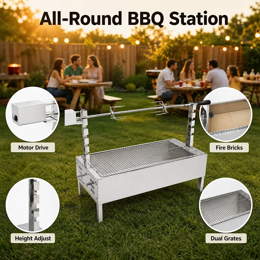 2-in-1 Electric Rotisserie Charcoal Grill: Motorized Spit Meets Traditional Wood-Fire Grilling