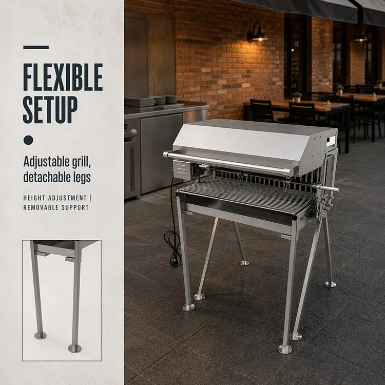 Stainless Steel Motorized Rotisserie BBQ Grill with Wind Shield